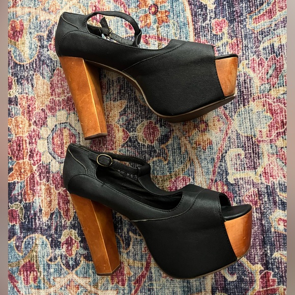 Jeffrey Campbell Foxy Wood Black and Brown Platform Heel Sandals - Picture 4 of 16
